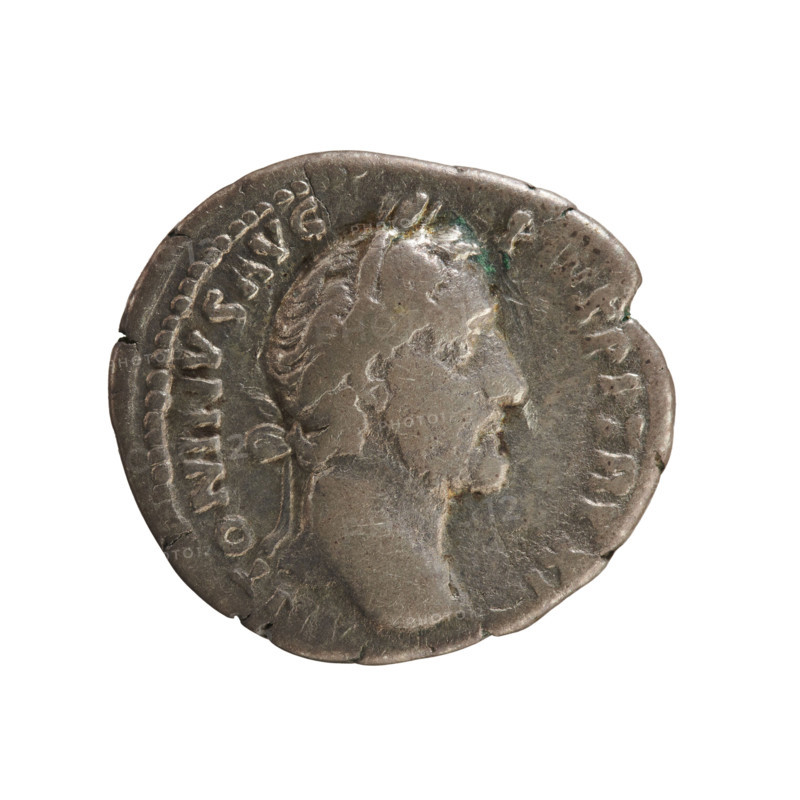 Denarius of Antoninus Pius (86–161; Roman emperor 138–161). Obverse: ANTONINVS AVG PIVS PP TR P XII — emperor's head in a laurel wreath right; pearl border. Reverse: C O S I I I I — naked genius (Bonus Eventus) stands turned left, holding a patera in his right hand and ears of corn in his left; pearl border. Date: 148–149. Material: Roman coin; weight 3.34 g; axis 180°.
