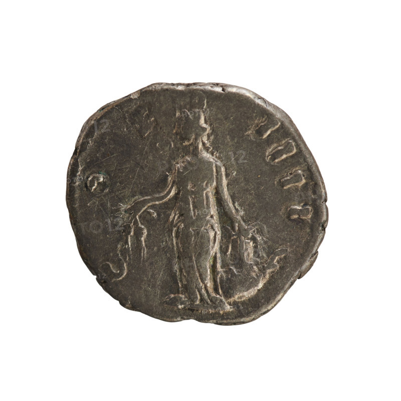 denarius, Antoninus Pius (86–161; Roman emperor 138–161) — iconography: busts, imperial busts, Annona (personification) with modius and ears of corn; hoard find (Golub) noted as numismatic context. Obv. ANTONINVS AVG PIVS PP TR P XVI — emperor's head in laurel wreath right. Pearl border. Rv. COS IIII — Annona stands facing left, holding ears of corn downwards in her right hand, left hand resting on a modius standing on a ship (only half visible). Date: 147–152. Roman Empire (27 BC–476). Rome. Coin; weight 3.17 g.