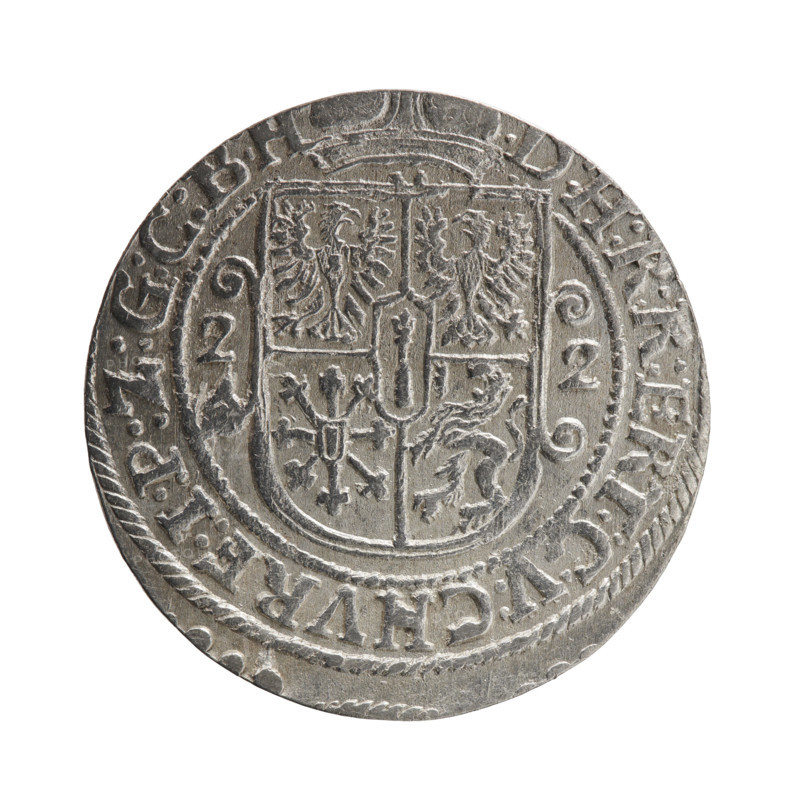 Obverse: Bust facing right in a mitre, wide ruff and armor girded with a sash. A sceptre in his right hand, the left resting on a sword hilt. The figure's head divides the inner border. On the rim between the borders is an inscription ending with a heart GEORG:WILHELM:V:G:G:M:Z:BRAN. Reverse: Below the ducal mitre, a five-field coat of arms with ornaments. On the sides of the shield are the date numerals 2-2. In the rim between the borders an inscription divided by a mitre :D:H:R:R:ERT:C:V:CHVRF:I:P:Z:G:C:B:H. Date: 1622. Place: Königsberg, Ducal Prussia (1525–1701). Object: coin. Diameter: 29.6 mm. Weight: 6.59 g. Axis: 0°. Subject/identification: George William Hohenzollern (Elector of Brandenburg; Duke of Prussia; 1620–1640) — iconography. Maker/attribution: Pfahler, Ernest; Department of Coins of Lands Associated with Poland (if intended as maker/attribution).