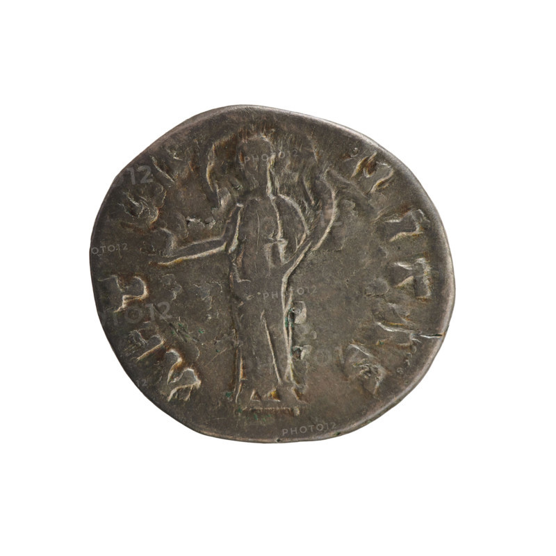 Denarius, after 141 CE. Roman Empire. Obverse: Bust of Faustina the Elder (98–141), turned right, in drapery with hair in a bun, pearl border; legend IVA FAVSTINA. Reverse: Providentia standing left, holds a globe in her right hand and supports a veil floating around her head with her left; pearl border; legend AETERNITAS. Busts of Antoninus Pius (86–161) also referenced. Hoard find (Golub). Coin; weight 3.28 g; axis 180°.