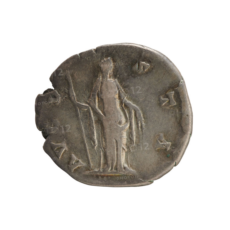 Denarius, after 141 CE. Obverse: DIVA FAV STINA — Bust of Faustina the Elder turned right, in drapery with hair in a bun and pearl border. Reverse: AVG VSTA — Ceres standing right, holding lowered ears of corn in her right hand and a scepter in her left. Roman Empire (27 BCE–476 CE); Rome. Coin; weight 3.33 g; axis 180°.