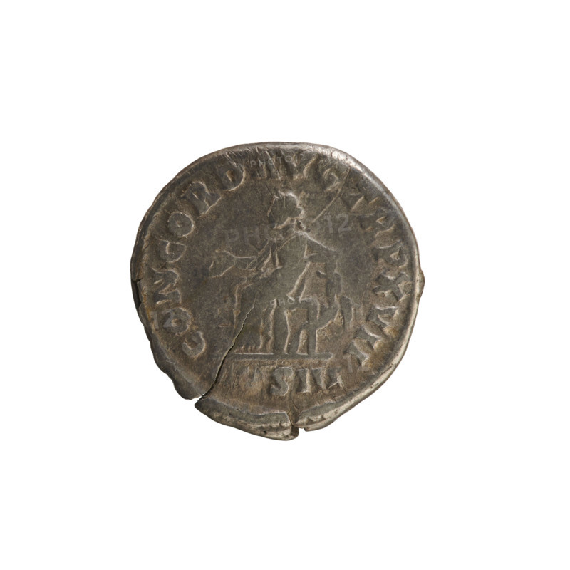 Denarius of Marcus Aurelius (121–180; Roman emperor 161–180), 162–163, Rome. Obverse: Head of Marcus Aurelius right. Pearl border. Legend: IM•TONI•VS AVG. Reverse: CONCORD AVG TR P XVII — Concordia seated facing left, holding a patera in her right hand, resting her left elbow on a statuette of Spes; under the seat a cornucopia; under the line, S III. Imperial busts; cornucopia (attribute); patera (attribute); Concordia (personification). Coin; weight 2.76 g.