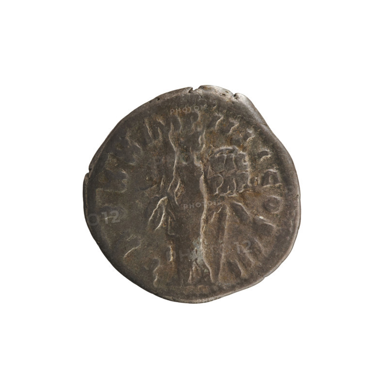 denarius, Marcus Aurelius (121–180; Roman Emperor 161–180); obverse: head of Marcus Aurelius with laurel wreath, right; pearl border; inscription 'M ANTONINVS AVG AR M PARTH MAX'. Reverse: Victoria stands facing right, holding a palm and placing a shield on a palm trunk, shield inscribed 'VIC PAR'; pearl border; legend 'TRPXXIMPIIIICOSIII'. Silver coin (denarius), Roman, 166 CE; weight 3.09 g; axis 180°.