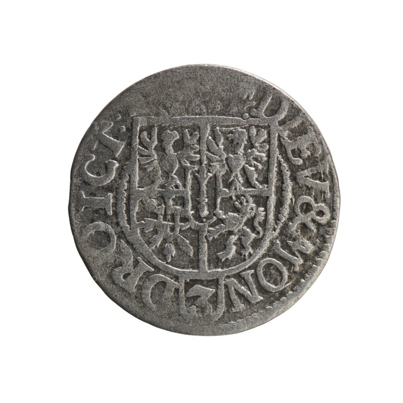 one and a half; Ernest Pfahler; George William Hohenzollern (Elector of Brandenburg; Prince of Prussia; 1620–1640); cross (iconographic); orb of rule (iconographic); coats of arms. Obverse: royal orb with a cross whose arms terminate in finials; in lower part of the orb, value numerals Z4; on the sides of the cross, date numerals ZI; on the rim between the borders, an inscription divided by a cross beginning and ending with a heart GE.WI. BR.SR PD Rw. Reverse: under the ducal mitre, a five-field coat of arms; below in the shield the value numeral 3; on the rim between the borders, an inscription divided by the mitre and the value numeral DIEV & MON - DROICT: 1621. Königsberg, Ducal Prussia (1525–1701). Coin; diameter 18.8 mm; weight 1.15 g; axis 270°.