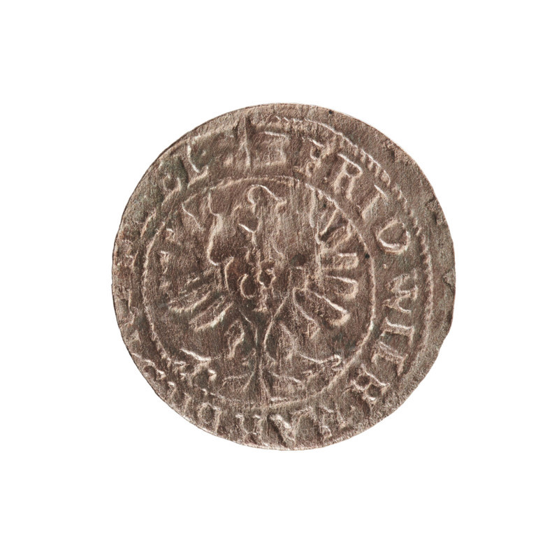 szelag, eagles, Hohenzollern (coat of arms), cross (iconographic), Frederick William I Hohenzollern (Great Elector of Brandenburg; Prince of Prussia; 1620–1688). Obverse: Prussian eagle, on its chest a monogram composed of the letters IC; in the rim, between the pearl borders, an inscription beginning with a princely mitre FRID.WILH.MA.EL. Reverse: monogram composed of the letters FW separating the inner border; in the rim an inscription beginning with a cross, divided by the Hohenzollern coat of arms +SOLIDUS.PR - USSIAE.1654. Date: 1654. Place: Ducal Prussia, Königsberg. Coin: diameter 15.3 mm, weight 0.80 g, axis 0 degrees.