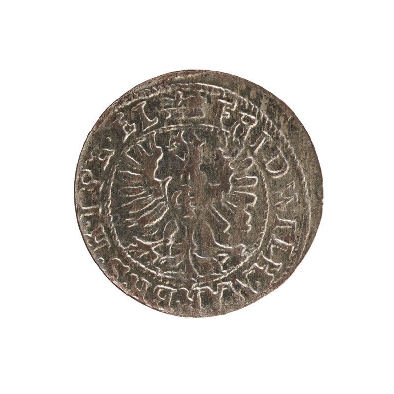 szelag, eagles, cross (iconographic), Frederick William I Hohenzollern (Great Elector of Brandenburg; Prince of Prussia; 1620-1688), Hohenzollern (coat of arms). Obv. Prussian eagle, on its chest a monogram composed of the letters IC. In the rim, between the pearl borders, an inscription beginning with a princely mitre FRID.WILH.MAR.BR.SRIPR.EL. Rv. Monogram composed of the letters FW separating the inner border. In the rim an inscription beginning with a cross, divided by the Hohenzollern coat of arms +SOLIDUS.PR - USSIAE.1654. 1654. Ducal Prussia (1525-1701), Königsberg. Coin; diameter 15.6 mm; weight 0.65 g; axis 0 degrees.