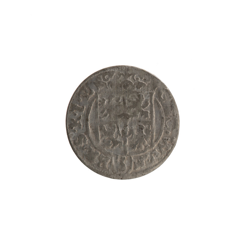 one-and-a-half, the hoard from Wislica (numism.), cross (iconographic), orb of rule (iconographic), coats of arms. Obv.: under the ducal mitre a five-field coat of arms; below in the shield a value numeral 3. In the rim between the rims an inscription divided by the mitre and the value numeral G, O.WIL.M - B, .SRI. Rv.: royal orb with a cross with arms terminating in finials. In the lower part of the apple, the numerals of the value 24. On the sides of the cross, the date numerals 3 - 3. In the rim between the rims, an inscription divided by a cross and a heart below the apple M, .NO - DVC.PRVS., 1633. Ducal Prussia (1525–1701), Königsberg; coin: diameter 18.5 mm, weight 0.87 g, axis 0°.