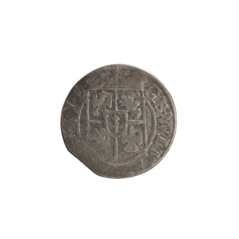 one and a half, Ernest Pfahler, the hoard from Wislica (numism.), George William of Hohenzollern (Elector of Brandenburg; Duke of Prussia; 1620-1640), cross (iconographic), orb of rule (iconographic), coats of arms. Obv. Under the ducal mitre, a five-field coat of arms. On the rim between the borders, an inscription divided by the mitre GE.WI.M, .IE Rw. Royal orb with a cross with arms terminating in finials. In the lower part of the orb, the numerals of the value 24. On the sides of the cross, the date numerals 2 - 6. On the rim between the borders, an inscription divided by a cross and a heart located below the orb, NE.NO. - DVC.PRV, 1626. Ducal Prussia (1525-1701), Königsberg, coin: diameter 19.3 mm, weight 1.24 g, axis 0 deg.
