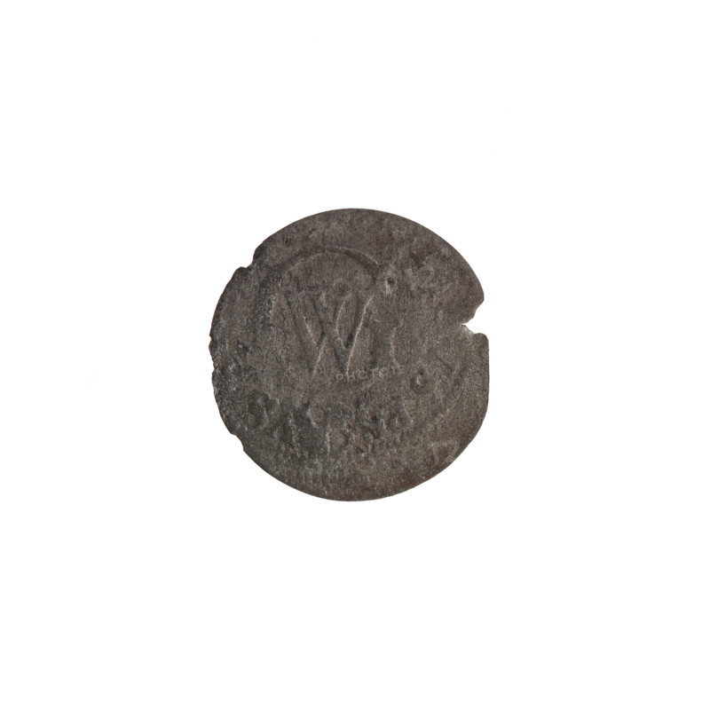 szelag, Ernest Pfahler, Wislica hoard (numism), silver coin, obverse: Prussian eagle with crowned letter S on its chest; in the rim between borders an inscription beginning with a heart - the hallmark .GE, H.MAR.BR., RIEL.; reverse: monogram composed of the letters GW; in the rim between borders an inscription beginning with a rosette, divided by the Hohenzollern coat of arms, LIDVS.PR - VSS, 1619 - 1640; rosettes; Hohenzollern (coat of arms); George William Hohenzollern (Elector of Brandenburg; Duke of Prussia; 1620–1640); Ducal Prussia (1525–1701), Königsberg; coin diameter 16.3 mm, weight 0.53 g, axis 0°