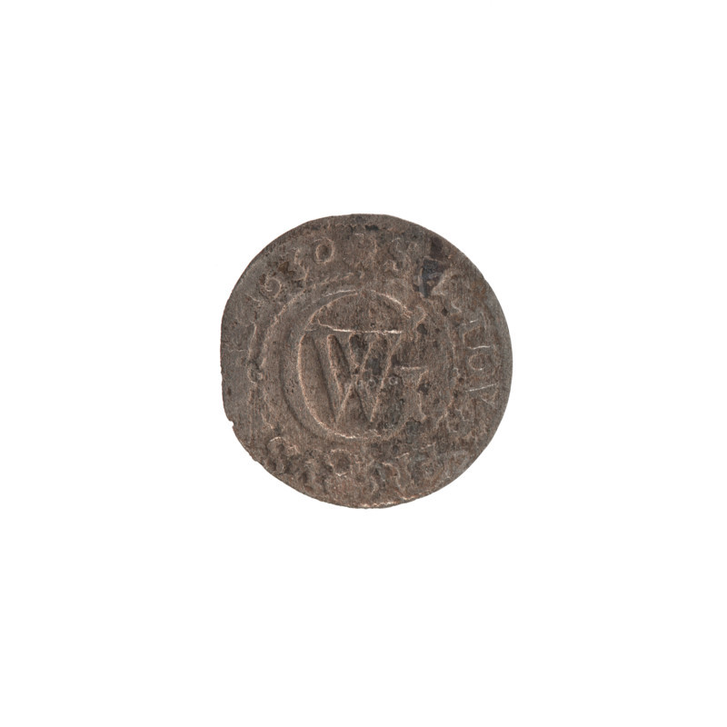 szelag by Ernest Pfahler, Wislica hoard (numism), 1630. Obverse: Prussian eagle with crowned letter S on its chest; rim inscription beginning with a heart hallmark, reading GEO, ILH.MAR.BR.S, RIEL. Reverse: monogram composed of the letters GW; rim inscription beginning with a rosette, divided by the Hohenzollern coat of arms, reading SOLIDV, PR - VS, 630. Ducal Prussia (1525–1701), Königsberg. Coin; diameter 16.2 mm, weight 0.42 g, axis 0°.