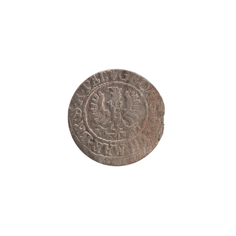 szelag, the Wislica hoard (numism.), George William Hohenzollern (Elector of Brandenburg; Prince of Prussia; 1620-1640), eagles, Hohenzollern (coat of arms), rosettes. Obv.: Prussian eagle, on its chest a crowned letter S; on the rim between the borders an inscription beginning with a heart — the hallmark GEOR, ILH.MAR.BR.SRIEL. Rev.: monogram composed of the letters GW; on the rim between the borders an inscription divided by the Hohenzollern coat of arms, DVS.PR-VSS. Due to off-centre minting, a fragment of the rim with the legend beginning with a rosette SO, 9 is visible on the disc; interstamp marks also visible. Date: 1629, Königsberg, Ducal Prussia (1525–1701). Medium: coin; diameter 16.4 mm; weight 0.61 g; axis 0°.