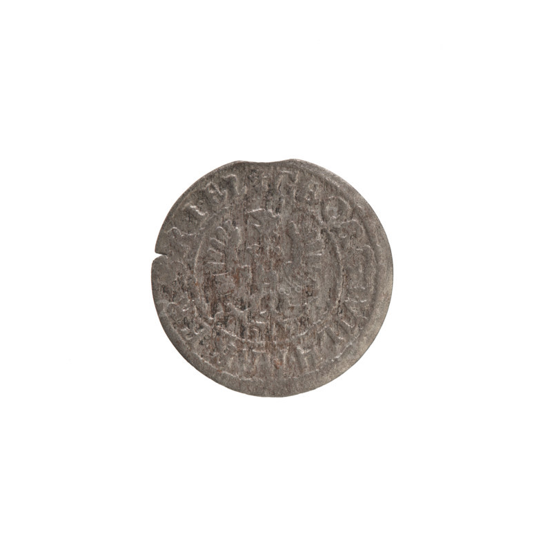 szelag, Wislica hoard, eagles, George William Hohenzollern (Elector of Brandenburg; Prince of Prussia; 1620–1640), Hohenzollern (coat of arms), rosettes. Obverse: Prussian eagle with crowned letter S on its chest; in the rim between the borders an inscription beginning with a heart — GEORG.WILH.MAR.]BR.SRIE. Reverse: monogram composed of the letters GW; in the rim between the borders an inscription divided by the Hohenzollern coat of arms — LIDVS.PR - VSSIAE, 1623–1633. Ducal Prussia (1525–1701), Königsberg. Coin, diameter 17.3 mm, weight 0.76 g, axis 0°.