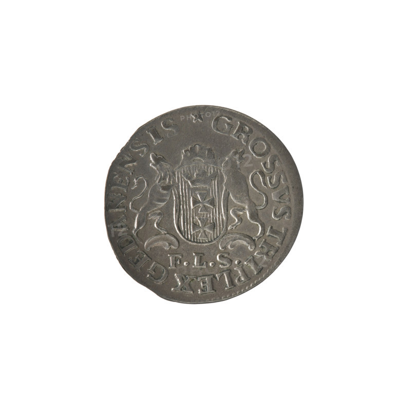 Gdansk triplet, Stüber; Frederick Louis (fl. 1763/1766-1767), Stanislaw August Poniatowski (King of Poland; 1764–1795), monograms, royal monograms, tied monograms, Stanislaw August Poniatowski (King of Poland; 1732–1798), coats of arms, city coats of arms, Gdansk (coat of arms), city coins. Obv.: Under the crown, a tied monogram composed of the letters SAR, on the sides: 17 - 66, pearl border. Rev.: Gdansk coat of arms supported by two lions, below signature: FLS, around an inscription beginning with a star .GROSSVS TRIPLEX GEDANENSIS, pearl border, 1766, Polish–Lithuanian Commonwealth (1569–1795), Gdansk, Poland, coin; diameter 19.4 mm, diameter 20.0 mm, weight 1.62 g.