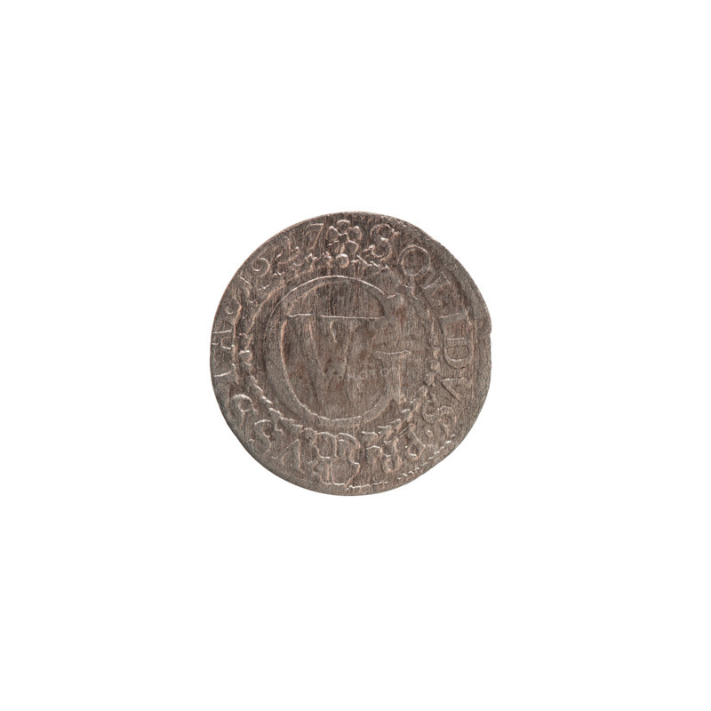 szelag; Obv.: Prussian eagle, on his chest the crowned letter S; on the rim between the borders an inscription beginning with a heart — hallmark GEORG.WILH.MAR., RIEL.; Reverse: monogram composed of the letters GW; in the rim between the borders an inscription divided by the Hohenzollern coat of arms +SOLIDVS.PR - VS; Hohenzollern (coat of arms), eagles, rosettes; George William Hohenzollern (Elector of Brandenburg; Duke of Prussia; 1620–1640); 27, 1627; Ducal Prussia (1525–1701), Königsberg; coin; diameter 15.8 mm; weight 0.47 g; axis 0°