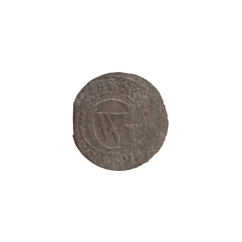 szelag; treasure; Pfahler, Ernest; Obv. Reverse illegible. Monogram composed of the letters GW. In the rim between the borders an inscription, divided by the Hohenzollern coat of arms +SO, R -, 628, 1628. Ducal Prussia (1525–1701), Königsberg. Coin: diameter 16.1 mm, weight 0.49 g, axis 0 degrees. Features: Hohenzollern (coat of arms), rosettes, eagles. Maker: George William Hohenzollern (Elector of Brandenburg; Prince of Prussia; 1620–1640).