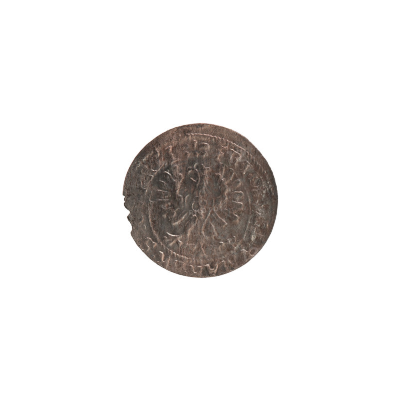 szelag, Frederick William (Elector of Brandenburg; 1620–1688). Obverse: Prussian eagle; on its chest a monogram composed of the letters IC. On the rim, between pearly borders, an inscription beginning with a ducal mitre FRID, HM, .S., L. Rw. Monogram composed of the letters FW separating the inner border. In the rim an inscription beginning with a cross, divided by the Hohenzollern coat of arms +SOL, DUS.PR -, SSIAE.1654. Date: 1654. Issued in Ducal Prussia (1525–1701), Königsberg. Coin (szelag): diameter 15.3 mm, weight 0.49 g, axis 0°.