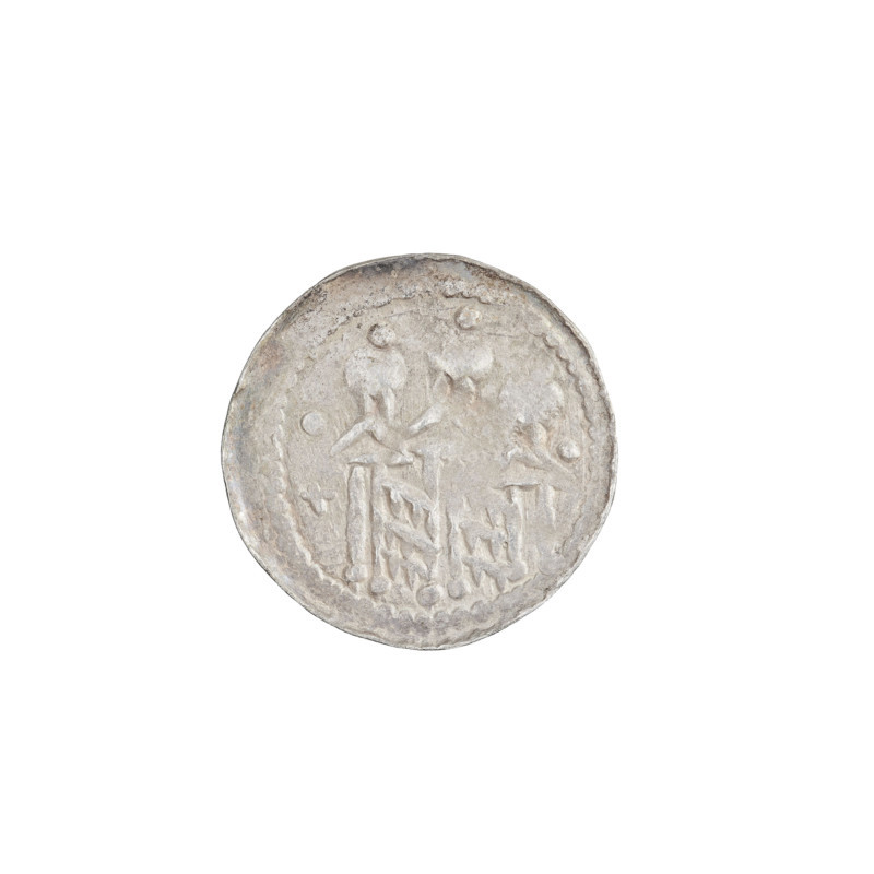 denarius (royal type), Boleslaw II the Bold (King of Poland; 1058–1079), royal type, busts, swords, crowns. Obv.: Crowned bust of the king facing left, sword in hand, behind the ruler's head sign: +Z> Rv.: Church topped with three domes; in front of the church a dot and a cross; behind the church a dot. 1076–1079. Poland, Kraków. Coin; weight 0.58 g; axis 135°.