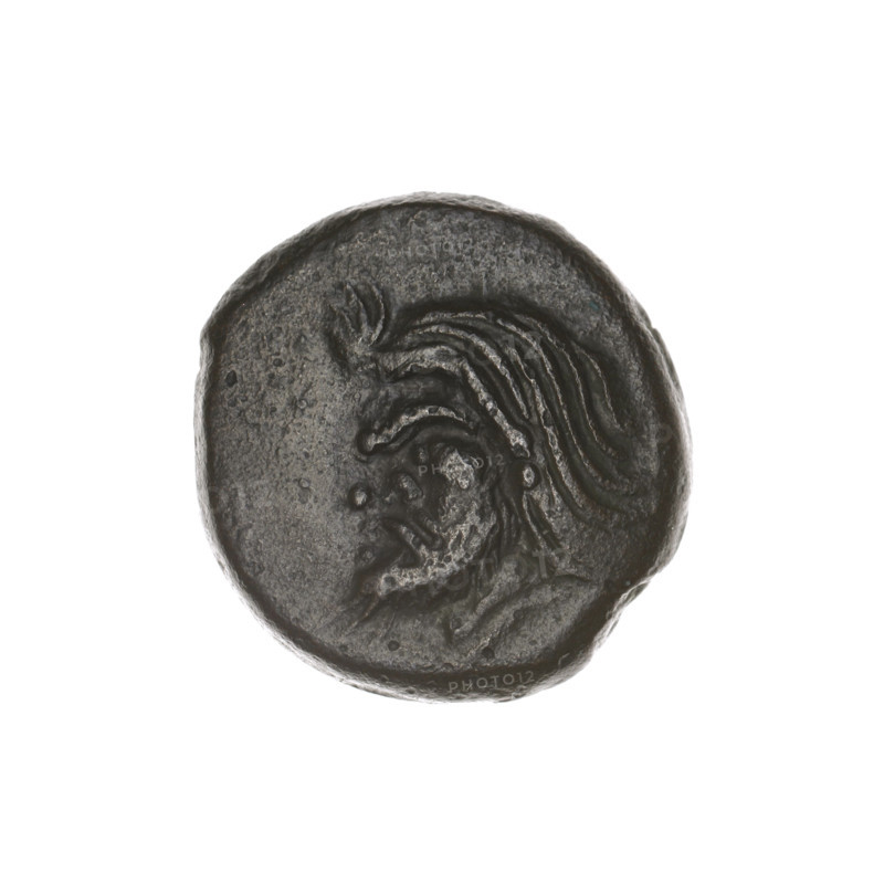 bronze coin, Pantikapaion; obverse: head of a bearded Satyr to the left; reverse: bull's head to the left; legends (letters) at sides and top; iconography: Satyr (mythology), bull; Black Sea region, Cimmerian Bosporus, Pantikapaion; date: 1st half of the 3rd century BC; material: bronze; coin; weight 4.68 g; axis 180°; dimensions: 18.1 mm × 17.3 mm