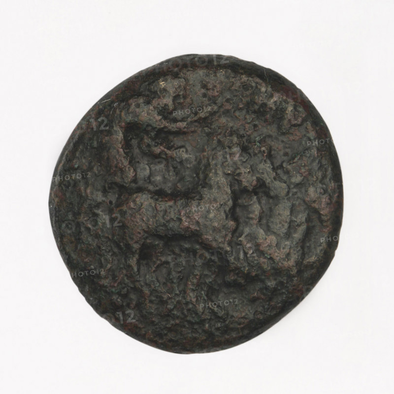 bronze coin, Chersonesos; Artemis on a quadriga to the right, torch in raised right hand, inscription HP at the top; reverse: naked warrior kneeling left, round shield in left hand, spear horizontally in right hand, helmet on head, inscription XEP at the bottom; iconographic subjects: Artemis, quadriga, warriors, kneeling warrior, carts, torch; mythology: Artemis (Deva); Black Sea; maker: Terlecki, Ignatius (1860–1916) [attributed]; date: 350–330 BC; place: Chersonesos Taurica; medium: bronze; weight 6.35 g; dimensions: 20 mm and 19.3 mm.