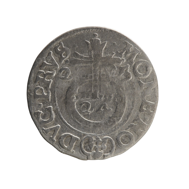 one-and-a-half, Ernest Pfahler (1870-1927), George William of Hohenzollern (Elector of Brandenburg; Duke of Prussia; 1620-1640), cross (iconographic), orb of rule (iconographic), coats of arms. Obverse: Under the ducal mitre a five-field coat of arms; below in the shield the value numeral 3. In the rim between the rims an inscription divided by the mitre and the value numeral GE.WI.MA. - BR.SRIE. Reverse: Royal orb with a cross with arms terminating in finials; in the lower part of the apple, the value numerals 24; on the sides of the cross, the date numerals 2 - 5. In the rim between the rims, an inscription divided by a cross and a heart below the apple: MONE.NO - DVC.PRVS., 1625. Ducal Prussia (1525-1701), Königsberg; coin; diameter 19.4 mm; weight 1.09 g; axis 220 degrees.