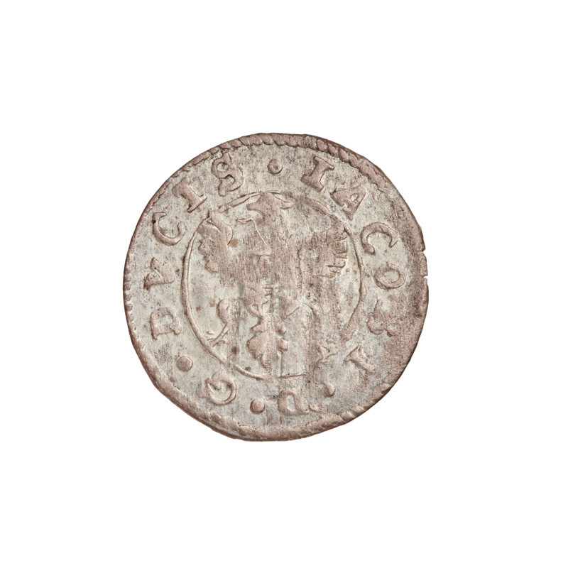 szelag, Jakub Kettler (Duke of Courland and Semigallia; 1642–1682), monogram under the ducal mitre (iconographic), emblems, tied monogram (type), eagle with the Courland shield on its breast (iconographic), coats of arms, shields, White Eagle (coat of arms), monograms, heraldic shields, Courland (coat of arms), R7 (rarity). Obv.: Eagle with the four-field coat of arms of the duchy on its breast; on the rim between the borders the inscription IACOBI.D.G.DVCIS. Rev.: Under the ducal mitre, a monogram composed of the letters HI; on the rim between the borders the inscription CVRLANDIAE.SOLIDVS. 1662. Duchy of Courland and Semigallia, Mitawa, coin, weight 0.49 g