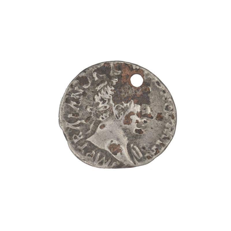 Subaeratus denarius, Trajan (53–117; Roman emperor 98–117). Obverse: Trajan's head facing right, wearing a laurel wreath; rim inscription 'IMP TRAIANO AVG GER DAC'. Reverse: Salus seated facing left, holding a patera in his right hand, left hand resting on a chair; inscription below 'LVS AVG'; rim inscription. Inscription pierced square through. Date: 112–117. Region: East, Roman Empire (27 BC–476). Coin, weight 2.54 g.