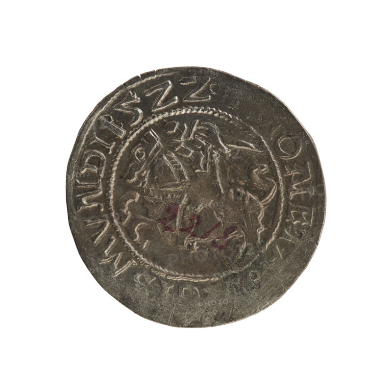 Lithuanian half-grosz, Sigismund I the Old (king of Poland; 1506–1548). Polish coin; Jagiellonian dynasty. Obverse: Chaser (coat of arms of Lithuania) turned left; in the rim between pearl borders an inscription: ONET, ISMVNDI, 5ZZ. Reverse: Polish crowned eagle; in the rim between pearl borders an inscription: +, I:DVC. R8 (rarity).