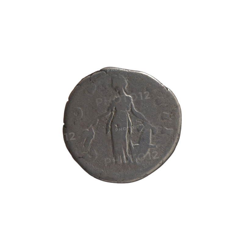 Denarius of Antoninus Pius (86–161; Roman emperor 138–161). Obverse: Head of Antoninus Pius in a laurel wreath facing right, inscription TONINVS AV - PIVS PP TR, VI. Reverse: Annona (personification) stands left, holds ears of corn in her right hand, rests her left on a container (modius) standing on a ship, inscription COS - IIII. Date: 152–153. Place: Rome, Roman Empire (27 BC–476). Coin; diameter 17.5–18.0 mm, weight 3.41 g, axis 180°.
