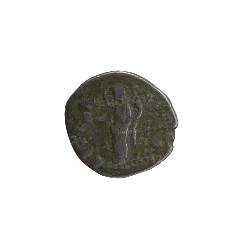 denarius, Faustina the Elder (98–141; Roman empress 138–141) (posthumous), Antoninus Pius (86–161; Roman emperor 138–161) (issuer); personifications; Faustina the Elder — iconography; globe (attribute); Providentia (personification); veils. Obverse: Bust of Faustina I in drapery facing right, DIVA · FAVSTINA around. Reverse: Providentia stands left, holds a globe in her outstretched right hand, holds a windblown veil, AETER · NITAS (AETER NITAS) around. After 141, Roman Empire (27 BC–476), Rome. Coin. Diameter 17.0–18.0 mm; weight 2.36 g; axis 180°.