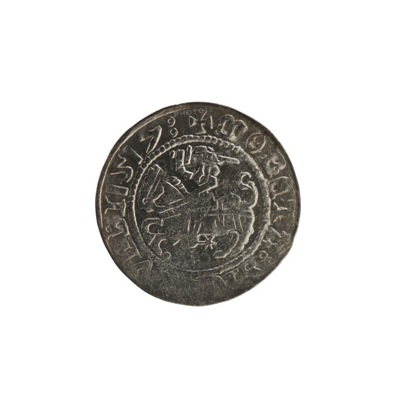 Lithuanian half-grosz, Sigismund I the Old (king of Poland; 1506–1548). R8 (rarity). Polish coin, Jagiellonian dynasty. Obverse: Pogon (Lithuanian coat of arms) turned left; in the rim between pearl borders an inscription: + COIN:S, VNDI 1517. Reverse: Polish crowned eagle; in the rim between pearl borders an inscription: + MAGNI:DVCIS:LITV E 1517. Grand Duchy of Lithuania, Vilnius.