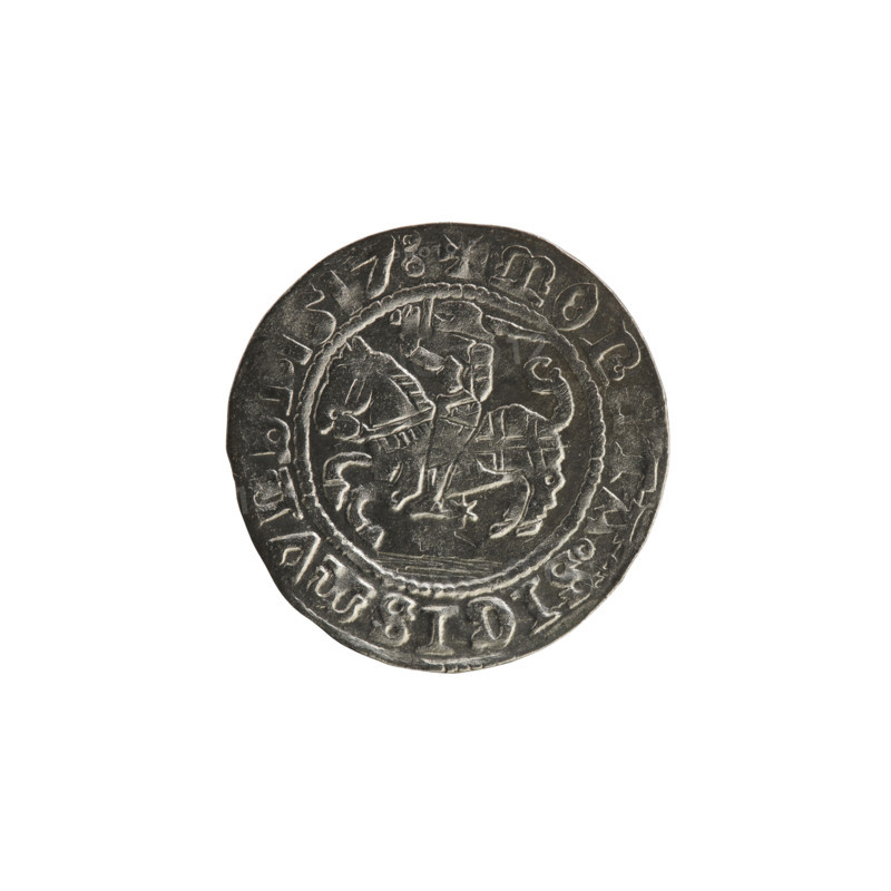 Lithuanian half-grosz, Sigismund I the Old (king of Poland; 1506–1548). Obverse: Pogon (Lithuanian coat of arms) turned left; in the rim between pearl borders an inscription: + MON, TA:SIGISMVNDI, 1517. Reverse: Polish crowned eagle; in the rim between pearl borders an inscription: + MAGNI:DVCIS:LITVANIE., 1517. Grand Duchy of Lithuania, Vilnius; coin; Jagiellonian period; eagles; coats of arms.