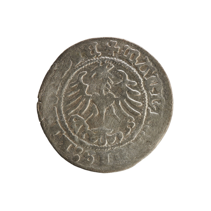 Lithuanian half-grosz, Sigismund I the Old (king of Poland; 1506–1548). R8 (rarity). Polish coin from the Jagiellon dynasty. Obverse: Chaser (coat of arms of Lithuania) turned left; in the rim between pearl borders an inscription: + M, :SI, 1518:. Reverse: Polish eagle with a crown; in the rim between pearly borders an inscription: + MAGNI, IS:LIT, A, IE, 1518. Grand Duchy of Lithuania, Vilnius, Poland.