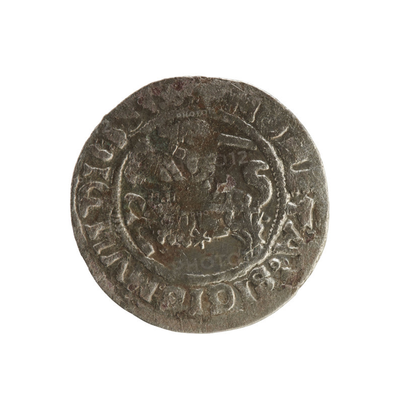 Lithuanian half-grosz, Sigismund I the Old (king of Poland; 1506–1548). Polish coin of the Jagiellon dynasty. Obverse: Pursuer (emblem of Lithuania) turned left; in the rim between pearl borders an inscription: MO, TA:SIGISMV, DI. Reverse: Crowned Polish eagle; in the rim between pearl borders an inscription: AGNI:DVCIS:LIT.VANI, 1519. Grand Duchy of Lithuania, Vilnius.