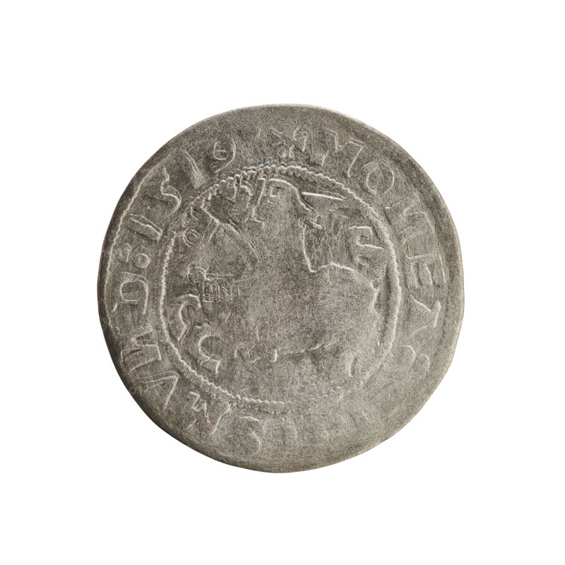 Lithuanian half-grosz, Sigismund I the Old (king of Poland; 1506–1548). Silver coin (half-grosz), 1519. Obverse: Pursuer (Pogonia) turned left; in the rim between pearl borders an inscription: + MO, EA:, MV, D:1519. Reverse: Polish crowned eagle; in the rim between pearl borders an inscription: + MAG, I:, :LITVA, I, 1519. Grand Duchy of Lithuania, Vilnius, Poland. Jagiellon dynasty; emblems: eagle, Pursuer.