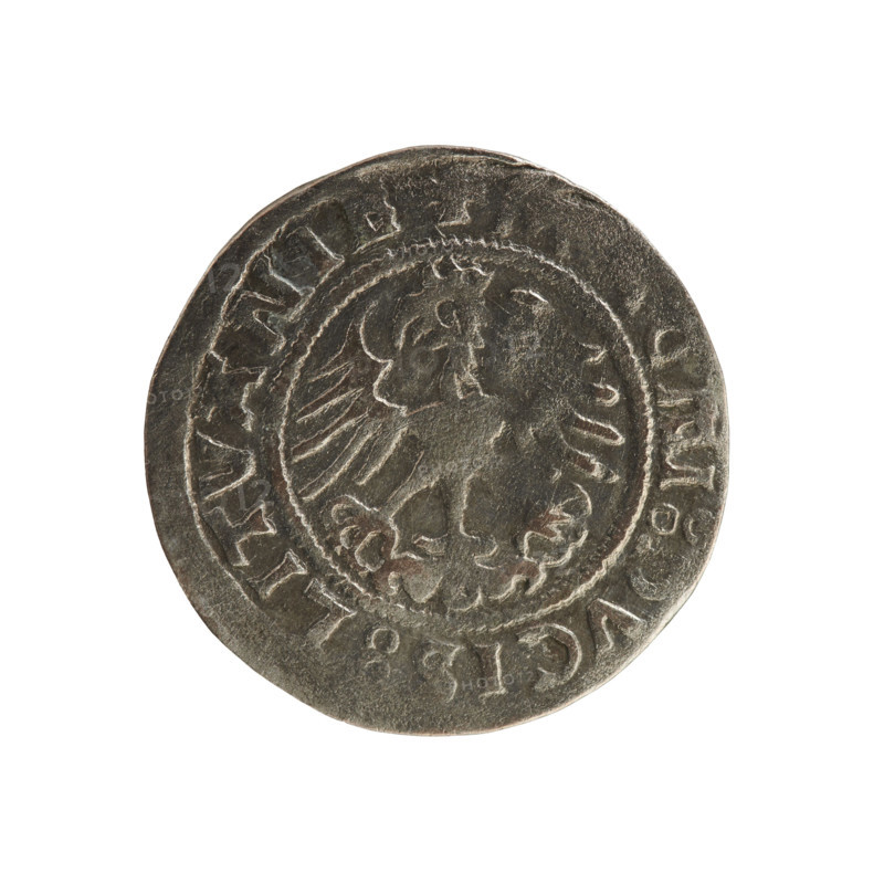Lithuanian half-grosz, Sigismund I the Old (king of Poland; 1506–1548). Silver coin (half-grosz), 1520. Obverse: Pogon (Lithuanian charging knight) turned left; inscription in rim between pearl borders: + MO, ETA:S, SMV, DI:15. Reverse: crowned Polish eagle; inscription in rim between pearl borders: + G, I:DVCIS:LITVANIE, 1520. Grand Duchy of Lithuania, Vilnius.