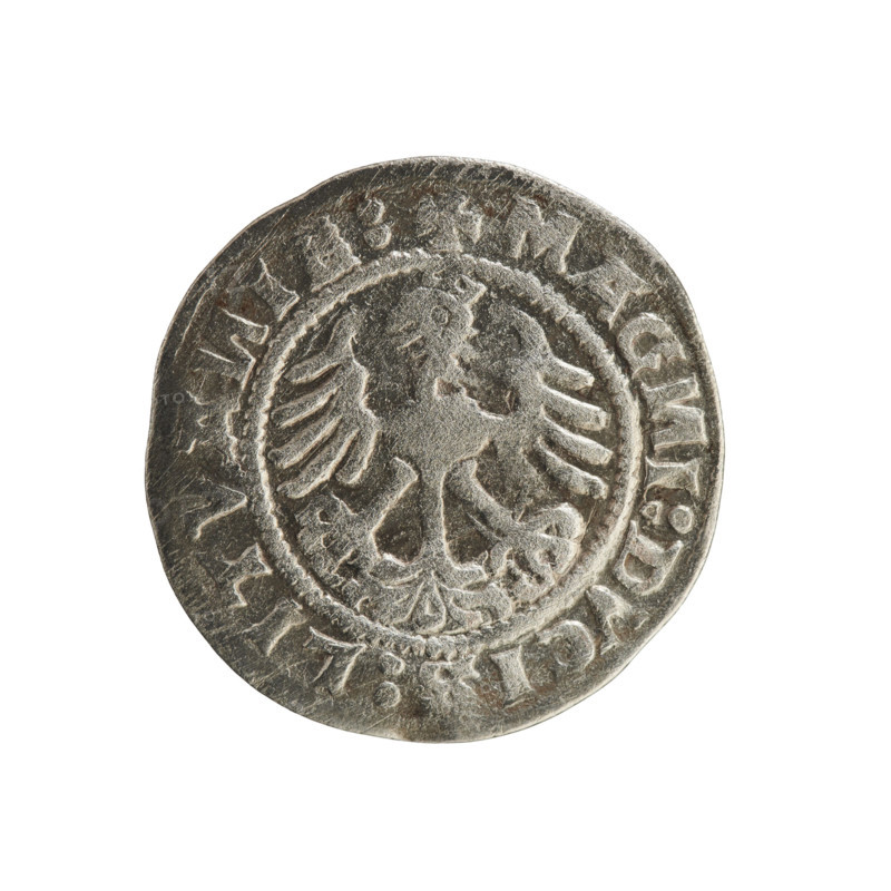 Lithuanian half-grosz, Sigismund I the Old (king of Poland; reign 1506–1548). Silver coin (half-grosz), 1520. Obverse: Pogon (Lithuanian charging knight) turned left; in the rim between pearl borders an inscription: + MO, ETA:SIGISMV, DI:15Z0. Reverse: Polish crowned eagle; in the rim between pearl borders an inscription: + MAG, I:DVCIS:LITVA, IE:, 1520. Grand Duchy of Lithuania, Vilnius.