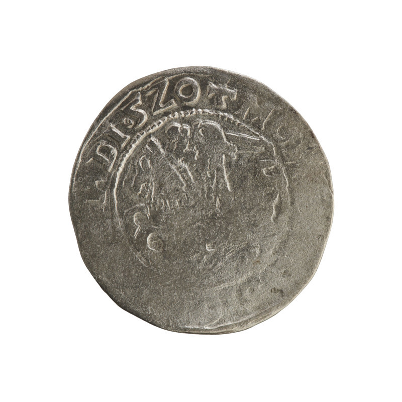 Lithuanian half-grosz, Sigismund I the Old (King of Poland; 1506–1548). Silver coin (half-grosz), dated 1520. Obverse: Pogon (Lithuanian mounted knight) turned left; rim with pearl-shaped borders and inscription '+ MO, DI.5Z0'. Reverse: crowned Polish eagle; rim with pearl-shaped borders and inscription 'IS:LITVA'. Grand Duchy of Lithuania; Vilnius. Jagiellon dynasty; emblems: Pogon and eagle.