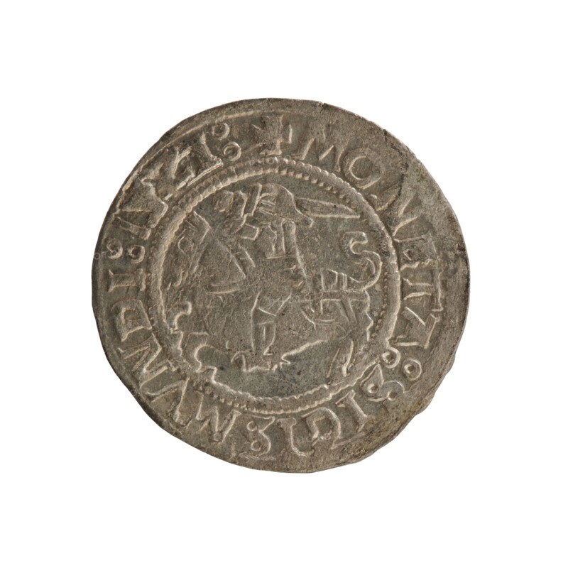 Lithuanian half-grosz, Sigismund I the Old (king of Poland; 1506–1548). Obverse: Pogon turned left; in the rim between pearl borders an inscription: + COIN:SIGISMVNDI:1,Z1:. Reverse: crowned Polish eagle; in the rim between pearly borders an inscription: + MAGNI:DVCIS:LITVANIE:. Dated 1521. Grand Duchy of Lithuania, Vilnius. Coin.