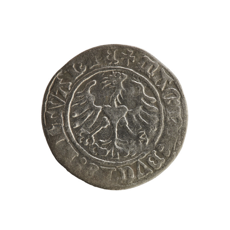 Lithuanian half-grosz, Sigismund I the Old (king of Poland; 1506–1548). R8 (rarity). Polish coin of the Jagiellonian dynasty. Obverse: Pogon (Lithuanian coat of arms) turned left; in the rim between pearl borders an inscription: + TA:SIGISMVNDI:Z1. Reverse: Polish crowned eagle; in the rim between pearl borders an inscription: + MAGN,:DVCIS::LITVANIE. Dated 1521. Grand Duchy of Lithuania, Vilnius.