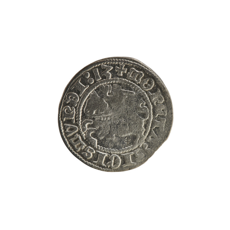 Lithuanian half-grosz, Sigismund I the Old (king of Poland, 1506–1548). Obverse: Pogon (Lithuanian coat of arms) turned left; in the rim between pearl borders an inscription: + MONET:, IGISMVNDI:13. Reverse: Polish crowned eagle; in the rim between pearl borders an inscription: + MAGNI:DVCIS:, IE.:., 1513. Coin of the Grand Duchy of Lithuania, Vilnius, 1513. R8 (rarity); Polish coin featuring eagles and Jagiellonian dynastic heraldry.