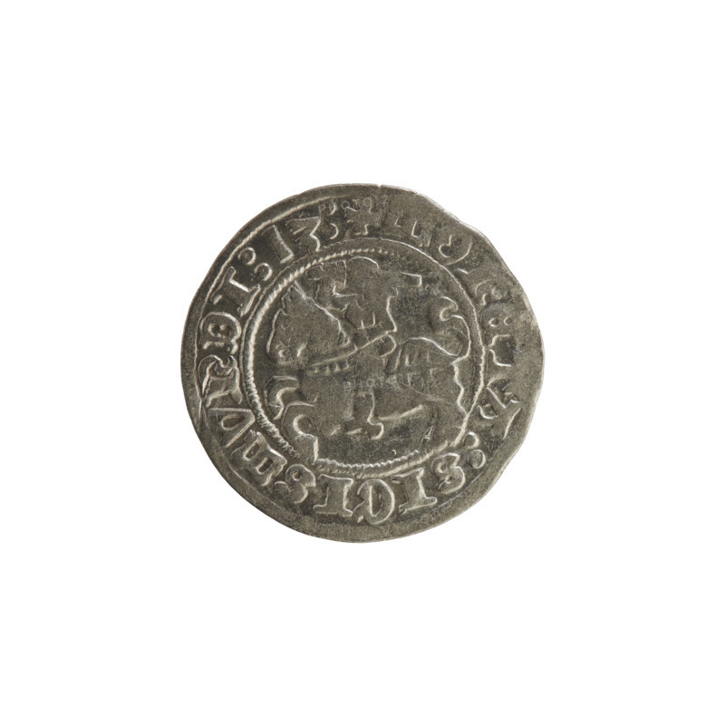 Lithuanian half-grosz, Sigismund I the Old (King of Poland; 1506–1548). Obverse: Pogon (Lithuanian coat of arms) turned left; in the rim between pearl borders an inscription: + ONETA:SIGISMVNDI:13:. Reverse: crowned Polish Eagle; in the rim between pearl borders an inscription: + MAGN:DVCI:LITVANIE, 1513. Grand Duchy of Lithuania (Vilnius). Coin.