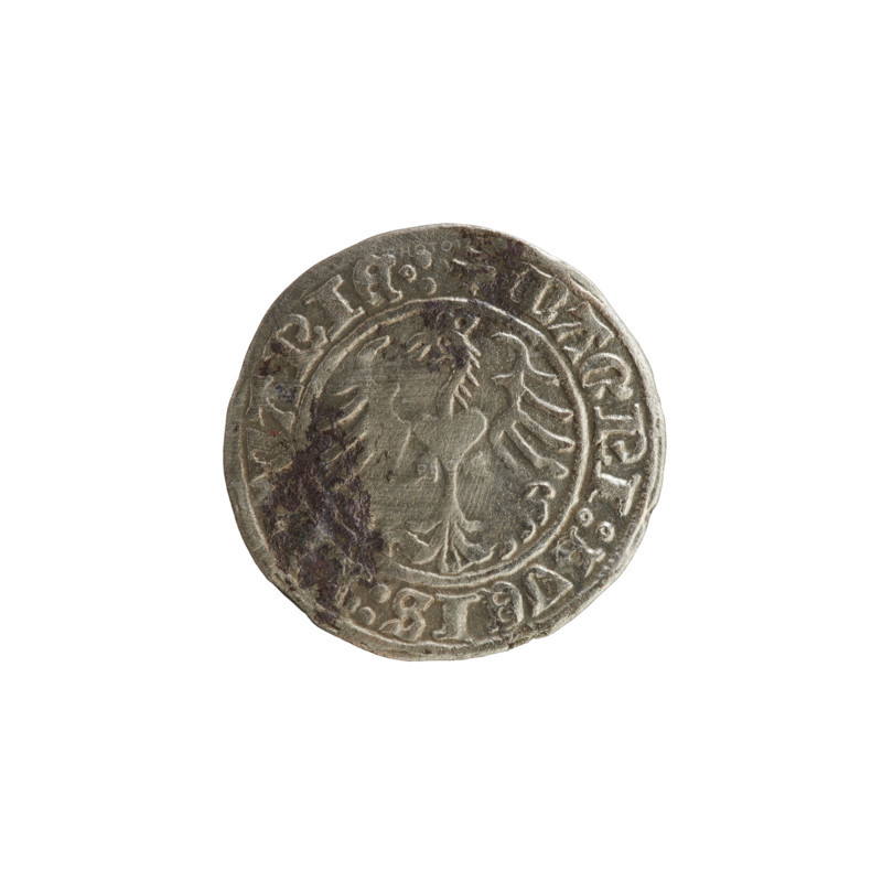 Lithuanian half-grosz, Sigismund I the Old (King of Poland; 1506–1548). Obverse: Pogon (Lithuanian coat of arms) turned left; in the rim between pearl borders an inscription: + COIN:S, MVNDI:13:. Reverse: Polish crowned eagle; in the rim between pearl borders an inscription: + MAGNI:DVCIS:, VANIE.:., dated 1513. Grand Duchy of Lithuania (Vilnius). Materials and function: coin.
