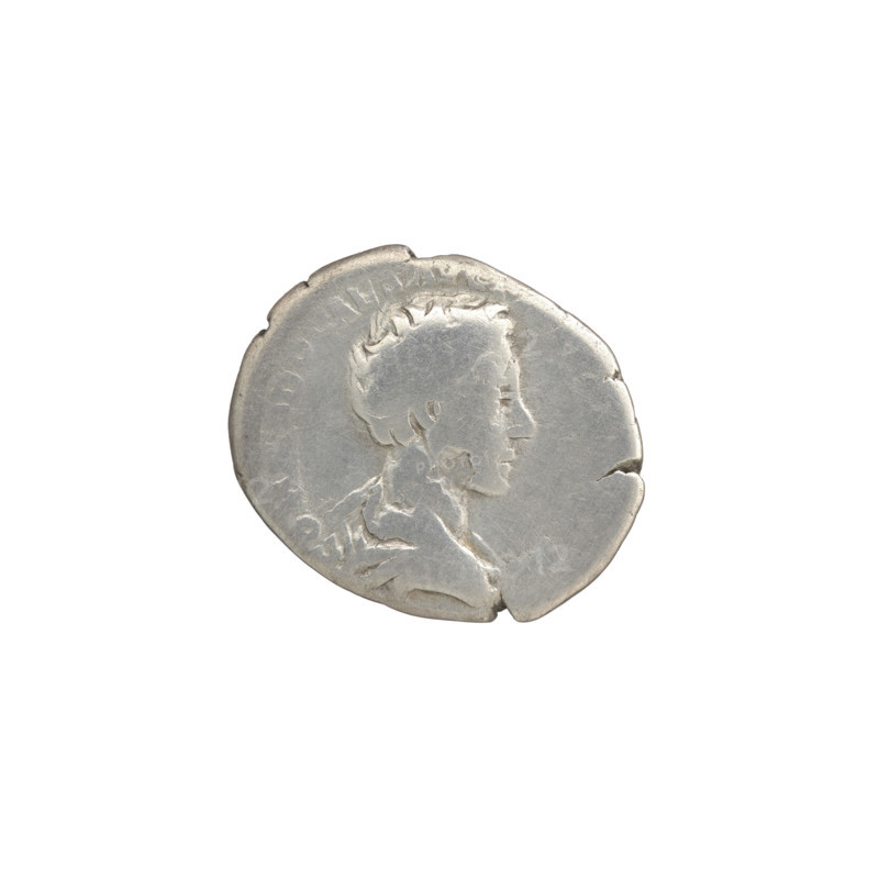 Denarius, Marcus Aurelius (121–180), issuer; Commodus (161–192), caesar 175–177. Obverse: Bust of young Commodus in armor and cloak (paludamentum), uncovered, facing right, inscription COMMODO CAES AV, M around. Reverse: Spes walking left, holding a flower in his outstretched right hand and a flower in his left hand, skirt of a robe, inscription PE-S-PVBLICA all around. Date: 175–176. Roman Empire (27 BC–476), Rome. Coin: diameter 16.5 mm (one measurement) and 19.0 mm (other), weight 3.08 g.