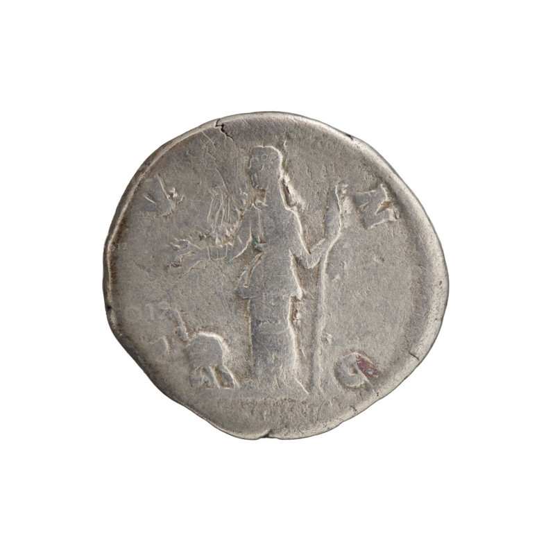 Denarius; obverse: draped bust of Crispina facing right, inscription CRISPINA AVGVSTA; reverse: Juno standing left holding a long scepter in her left hand and a patera in her right, peacock below, inscription I•V•NO; issuer Commodus; Roman deities; iconography includes scepters, peacocks, patera; dates ca. 178–183; Roman Empire (27 BC–476), Rome; materials: coin; diameter 17.5–18.5 mm, weight 3.12 g, axis 180°.