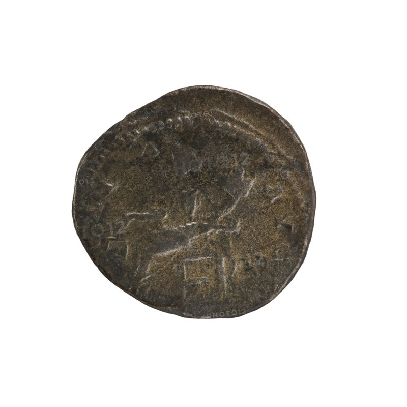 denarius (subaerate), Caracalla (188–217; Roman emperor 198–217), (Caesar). Obv.: ANTONINVS AVGVSTVS — Bust of young Caracalla with laurel wreath and paludamentum facing right, pearl rim. Rev.: ONETA AVGG — Coin seated facing left, holding scales in his right extended hand, cornucopia in his left, pearl rim. Roman Empire (27 BC–476). Coin: dia. 17.1 mm; dia. 17.8 mm; weight 2.84 g.