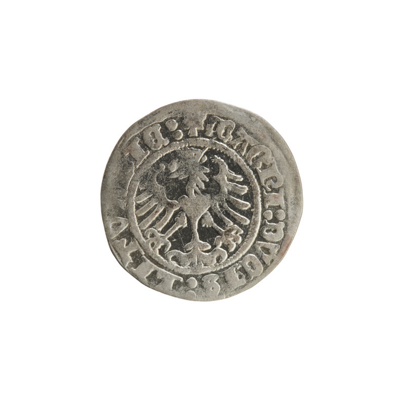 Lithuanian half-grosz, Sigismund I the Old (King of Poland; 1506–1548). Obverse: Pogon (Lithuanian coat of arms) turned left; in rim between pearled borders an inscription: ETA, SIGISMVNDI:1514. Reverse: Polish crowned eagle; in rim between pearled borders an inscription: + MAGNI:DVCIS:LITV, IE:, 1514. Silver coin, Grand Duchy of Lithuania (Vilnius), early 16th century.
