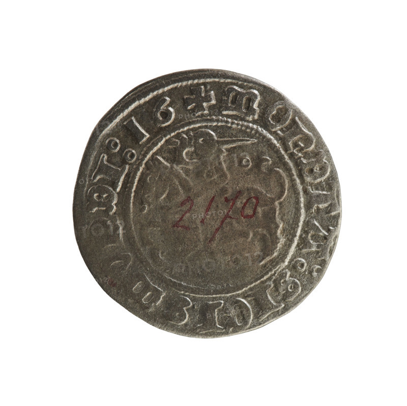 Lithuanian half-grosz, Sigismund I the Old (king of Poland; 1506–1548). R8 (rarity). Polish coin of the Jagiellonians dynasty, 1516. Obverse: Pogon (mounted knight) turned left; in the rim between pearl borders an inscription: + COIN:SIGISMVNDI:16. Reverse: crowned Polish Eagle; in the rim between pearl borders an inscription: + MAGNI:DVC, LITVANIE:. Grand Duchy of Lithuania, Vilnius, Poland.