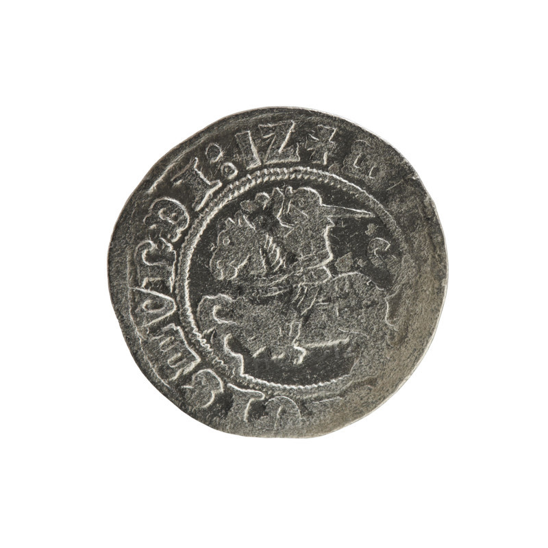Lithuanian half-grosz, Sigismund I the Old (King of Poland; 1506–1548), Jagiellon dynasty. Obverse: Pogon (Lithuanian coat of arms) turned left; in the rim between pearly borders an inscription: + MO, GISMVNDI:1Z. Reverse: Polish crowned eagle; in the rim between pearly borders an inscription: + MAGNI:DVCI, 1512. Grand Duchy of Lithuania, Vilnius. Coin; diameter ~19.0–19.6 mm; weight 1.12 g.