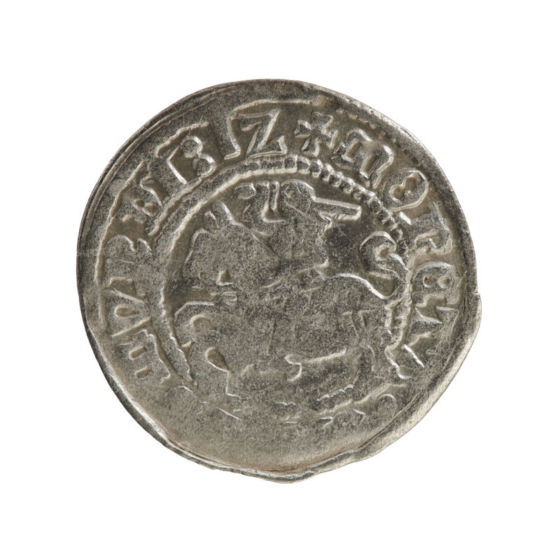 Lithuanian half-grosz, Sigismund I the Old (King of Poland; 1506–1548), Jagiellon dynasty. Obverse: Pursuer (coat of arms of Lithuania) turned left; in the rim between pearl borders an inscription: + COIN, MVNDI:1Z. Reverse: Polish crowned eagle; in the rim between pearl borders an inscription: + MA, I:DVCIS:LITVANIE, 1512. Grand Duchy of Lithuania. Coin. Diameter 19.8–20.5 mm; weight 1.05 g.