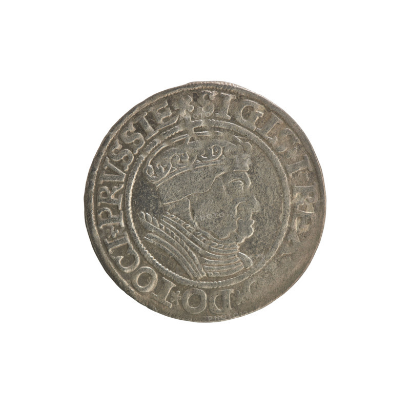 Prussian grosz, Sigismund I the Old (King of Poland; 1506–1548). Silver coin (grosz), 1534, Torun, Poland. Obverse: Crowned male (royal) bust in profile turned right; rim between pearly borders with inscription '.SIGIS.I.RE, .DO.TOCI.PRVSSIE'. Reverse: Eagle of Royal Prussia; rim between pearly borders with inscription '.GROSS.COMV.TERR.PRVSSIE.1534'. Subjects/styles: Polish coinage, Jagiellonian dynasty, coats of arms, eagles, royal portrait; iconography of Sigismund I the Old.